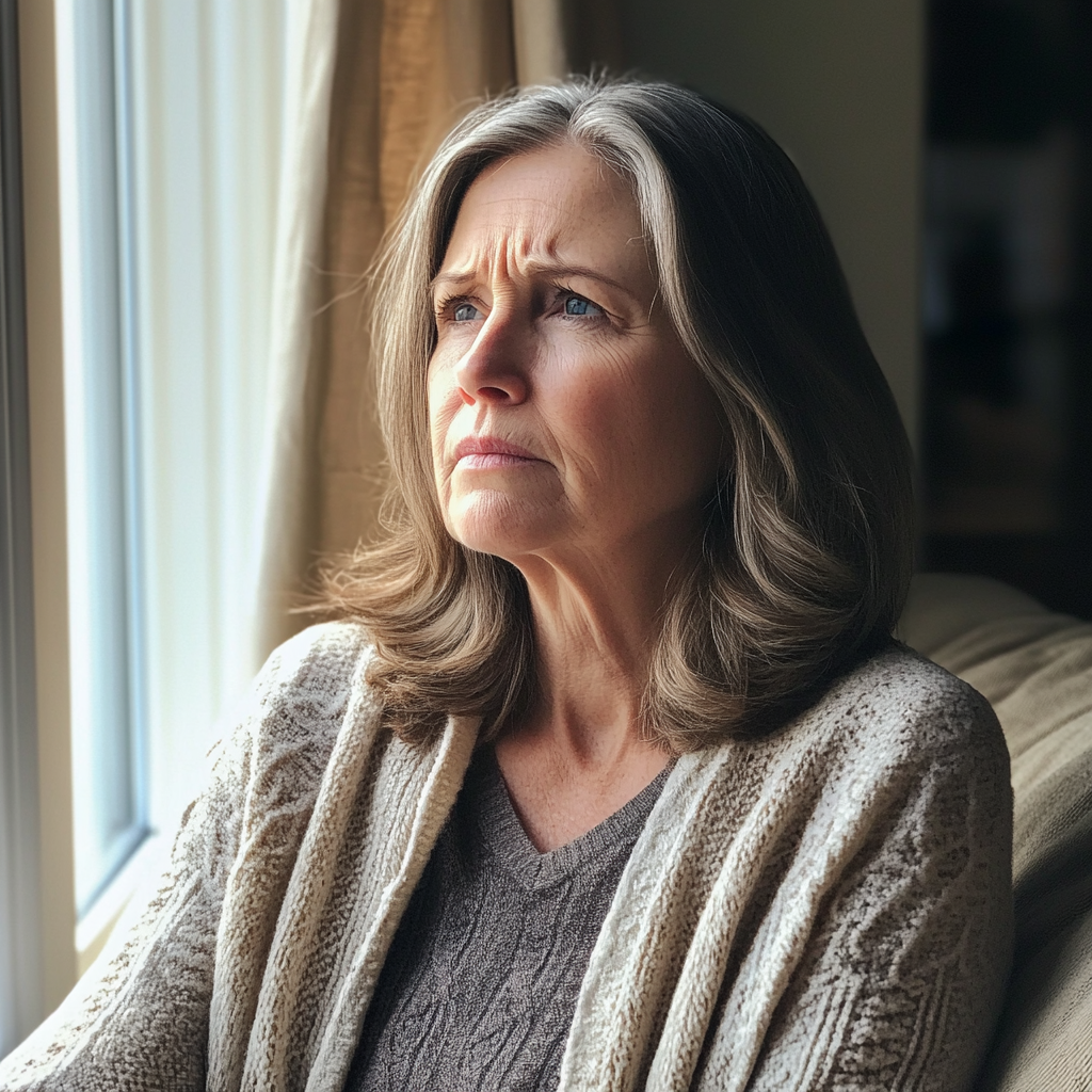 An upset woman sitting by a window | Source: Midjourney