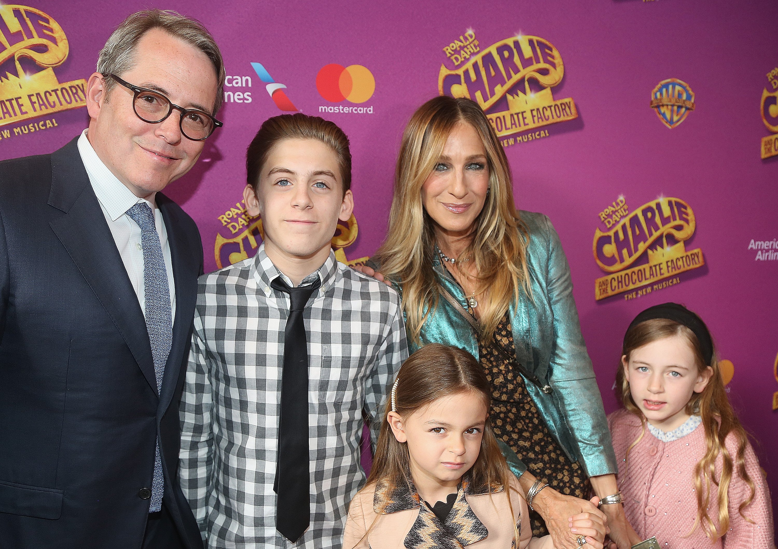 Matthew Broderick, James Wilkie Broderick, Tabitha Hodge Broderick, Sarah Jessica Parker, and Marion Loretta Broderick at the opening night of "Charlie and The Chocolate Factory" on Broadway on April 23, 2017 | Source: Getty Images