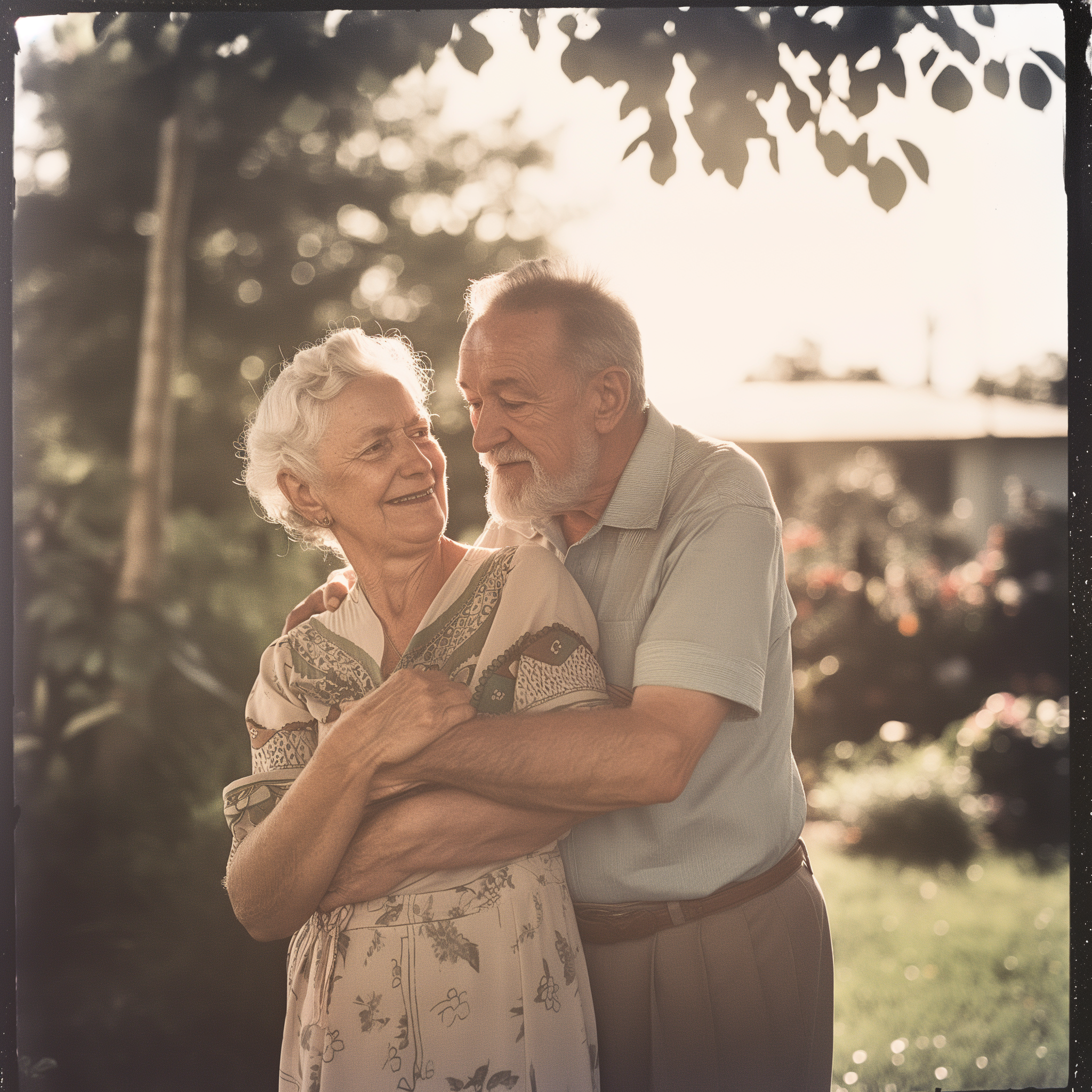 A loving elderly couple hugging outdoors | Source: Midjourney