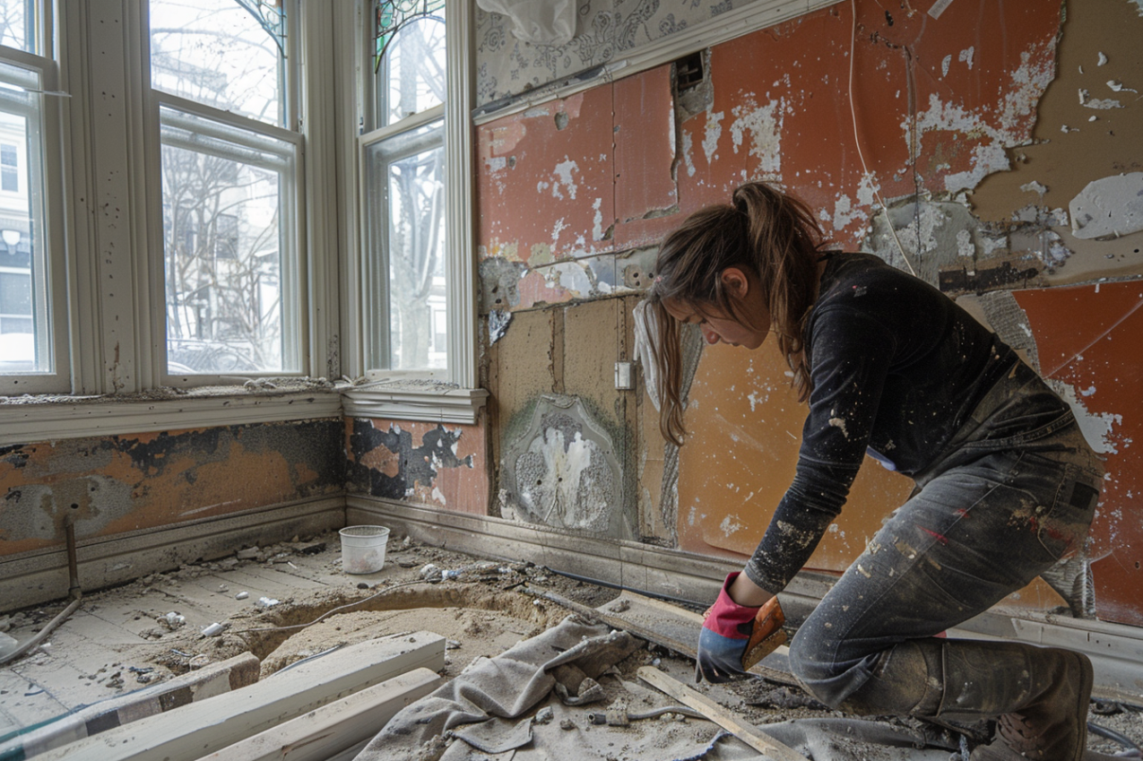 A young woman doing home repairs | Source: Midjourney