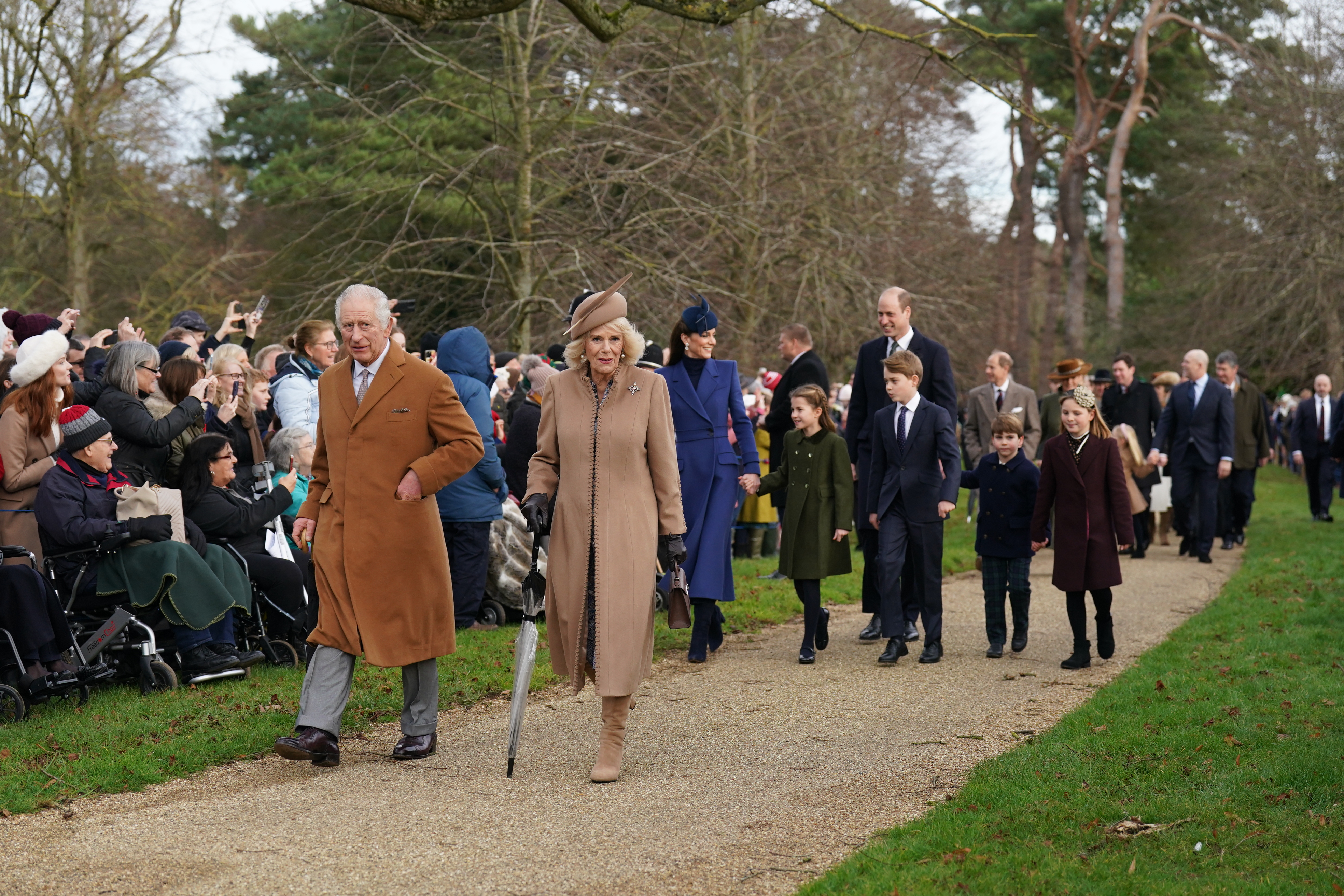 King Charles III, Queen Camilla, Princess Charlotte, Prince George, and Prince Louis attending the Christmas Day morning church service in Sandringham, Norfolk, on December 25, 2023. | Source: Getty Images