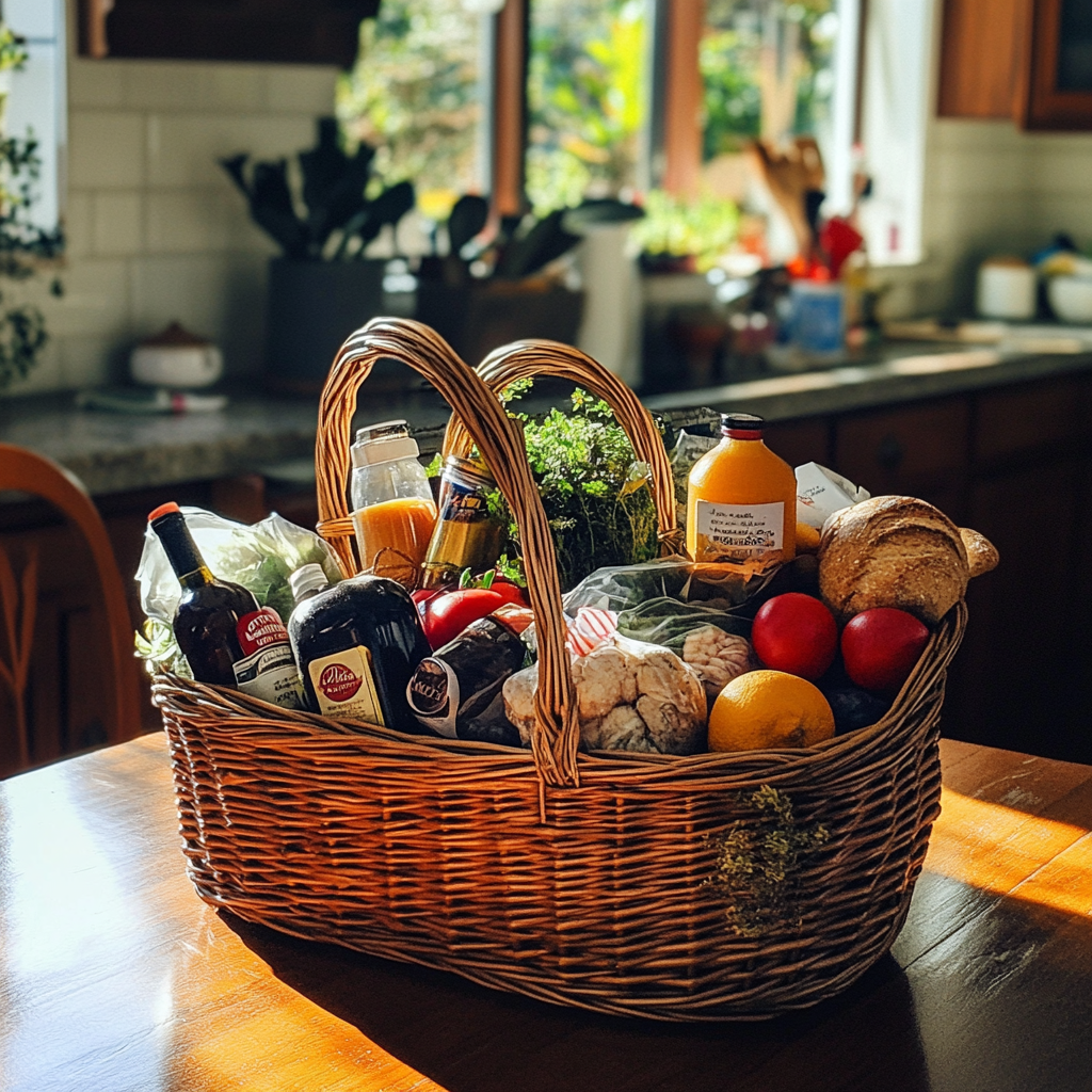 A gift basket filled with groceries | Source: Midjourney