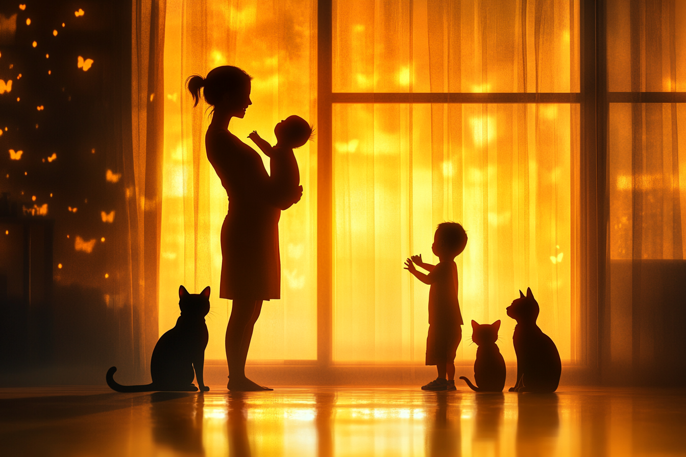 A woman with two children and three cats | Source: Midjourney