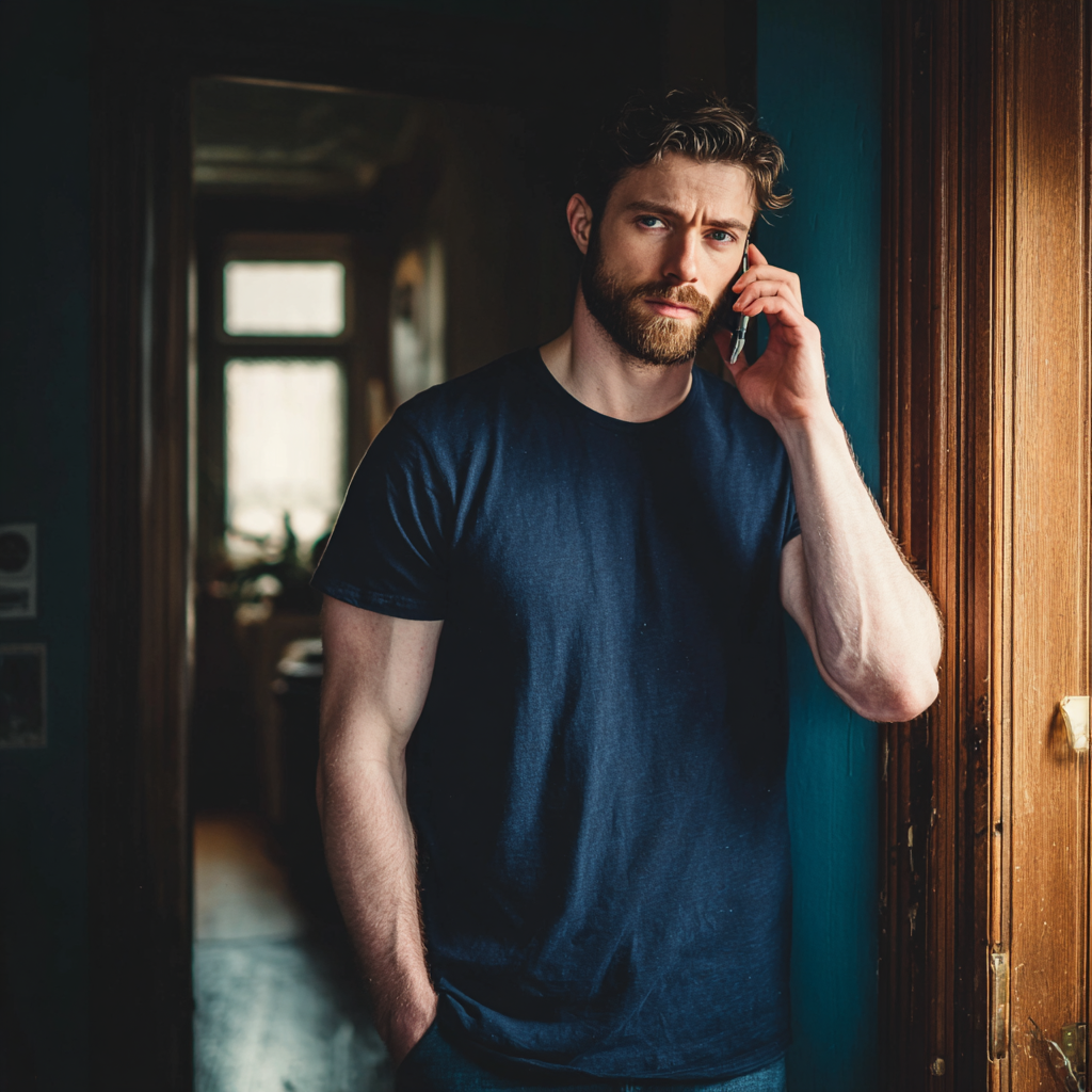 A man standing in a hallway and talking on a phone | Source: Midjourney