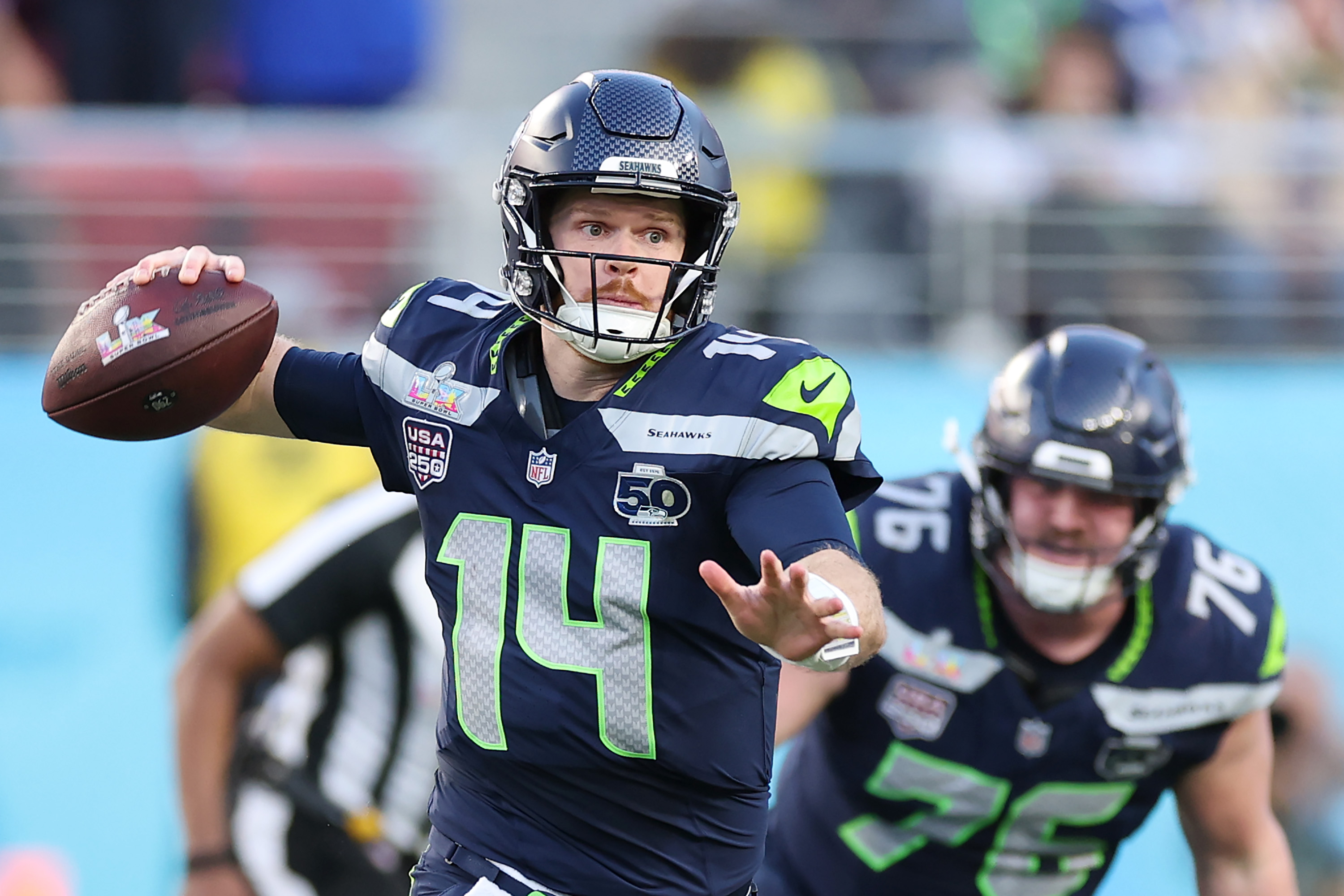 Seattle Seahawks quarterback Sam Darnold throws a pass against the New England Patriots during Super Bowl LX | Source: Getty Images