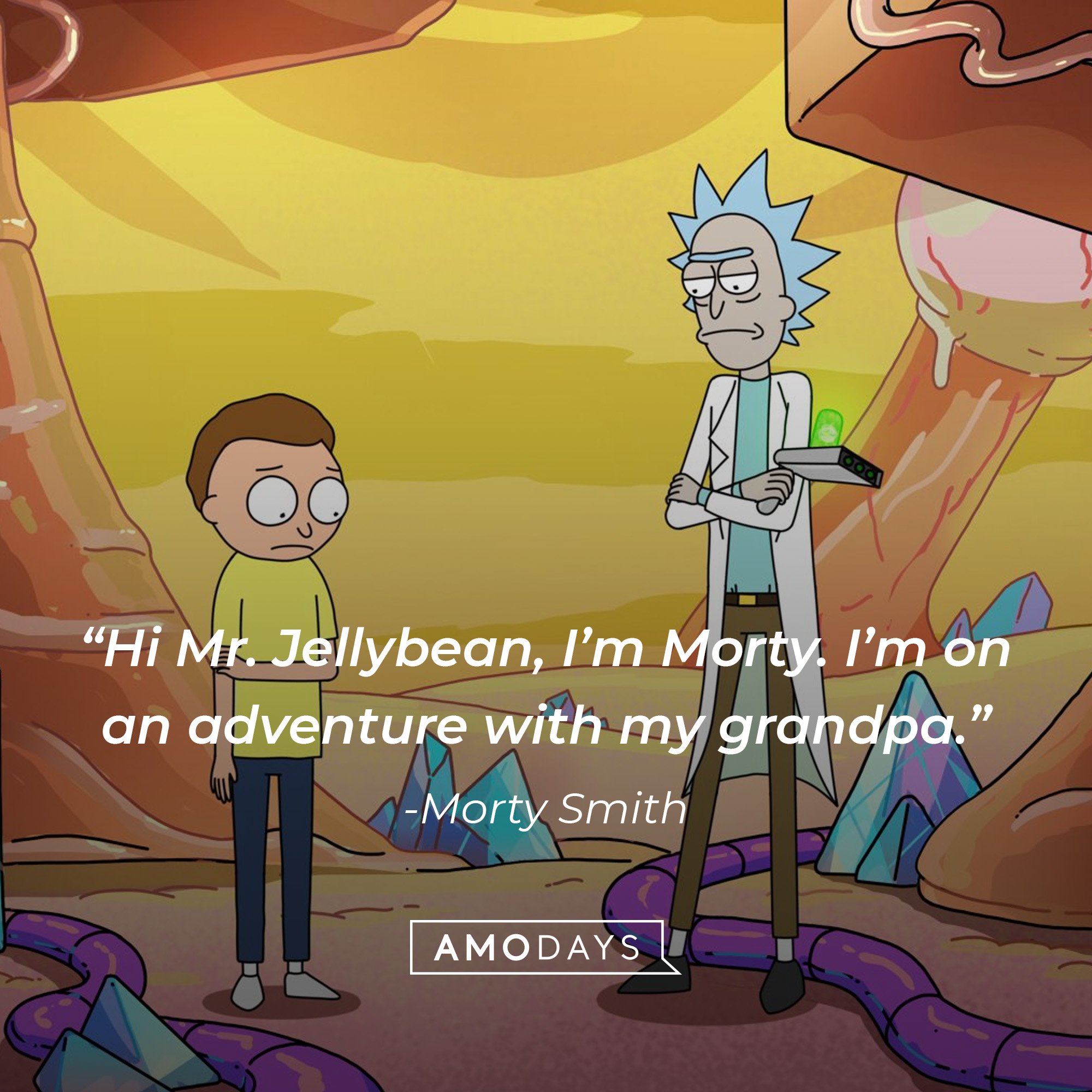 Morty Smith’s quote: “Hi Mr. Jellybean, I’m Morty. I’m on an adventure with my grandpa.” | Image: AmoDays