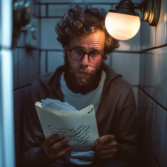 A stressed man reading a note in the toilet | Source: Midjourney