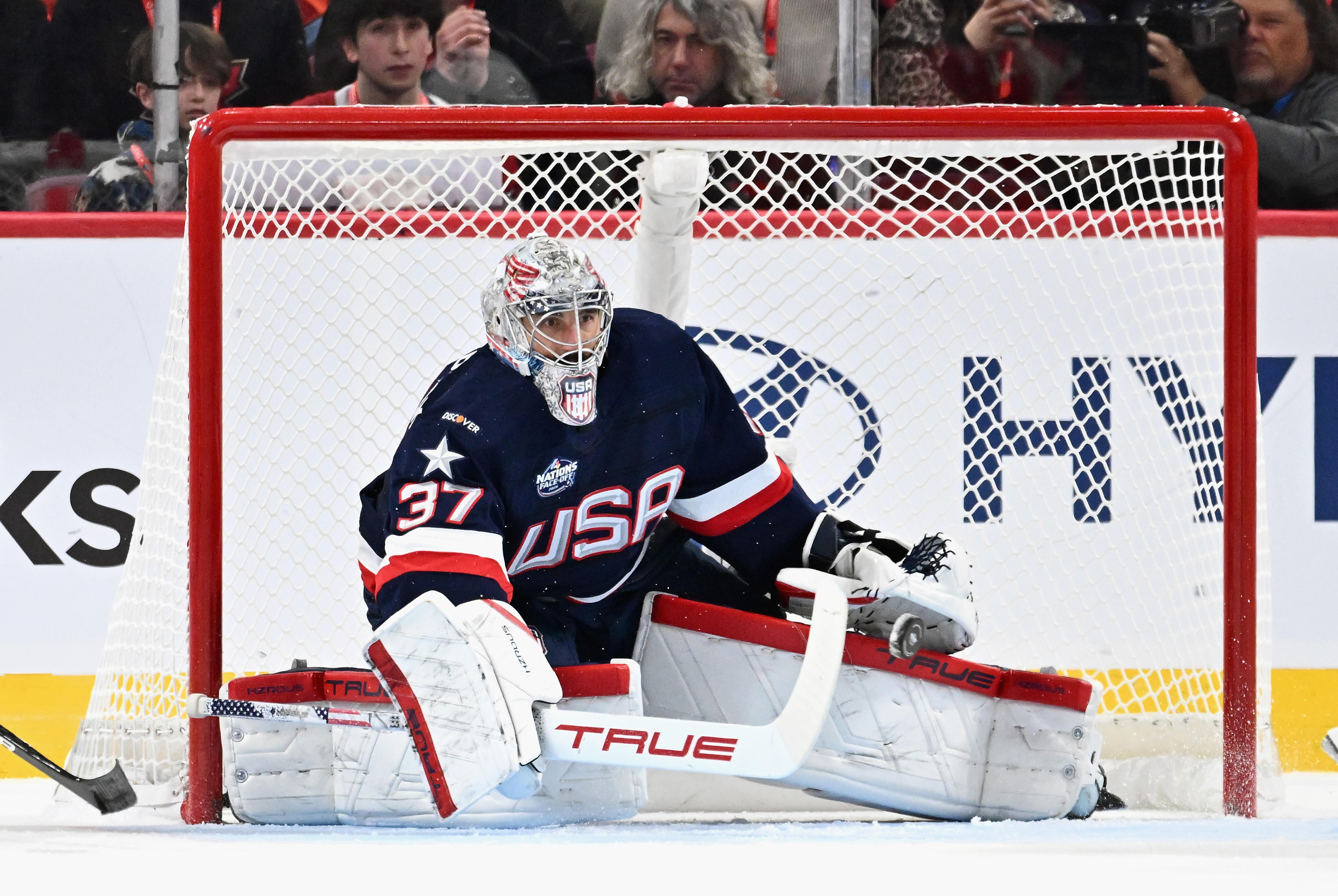 Connor Hellebuyck #37 of Team USA tends net against Team Canada during the first period in the 4 Nations Face-Off game at the Bell Centre on February 15, 2025, in Montreal, Quebec, Canada | Source: Getty Images