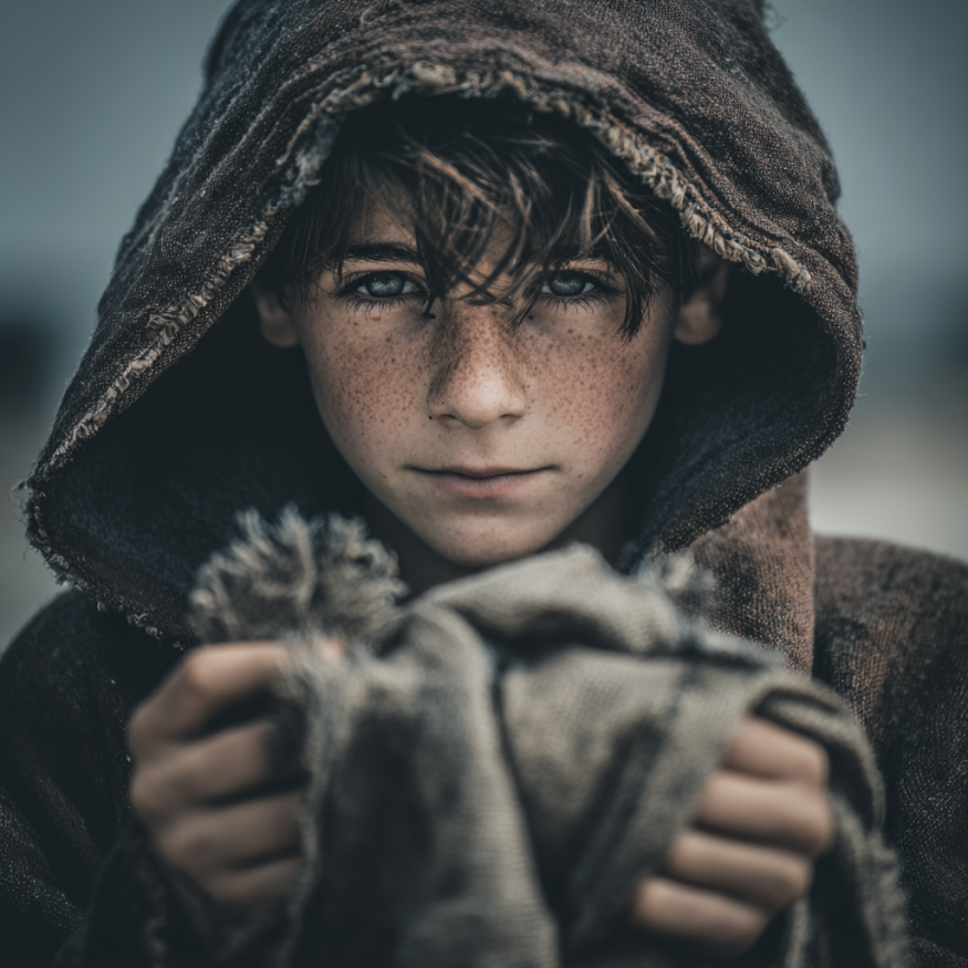 A homeless boy holding an old rag | Source: Midjourney
