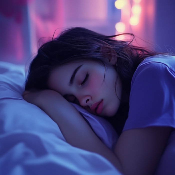 A teenage girl asleep in bed at night | Source: Midjourney