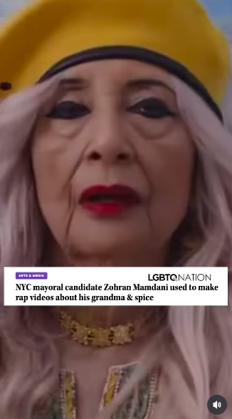 Madhur Jaffrey playing the grandmother in Zohran Kwame Mamdani's "Nani" music video, posted on October 19, 2025. | Source: Instagram/lgbtqnation