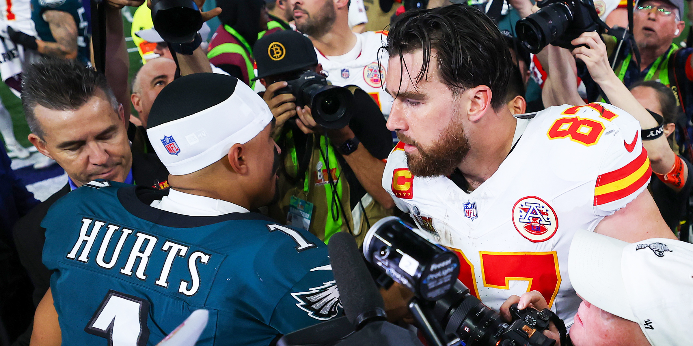 Jalen Hurts and Travis Kelce | Source: Getty Images