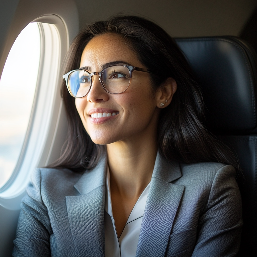 The woman sits by the window of a plane, smiling and relieved to be on her way to her final destination | Source: Midjourney|