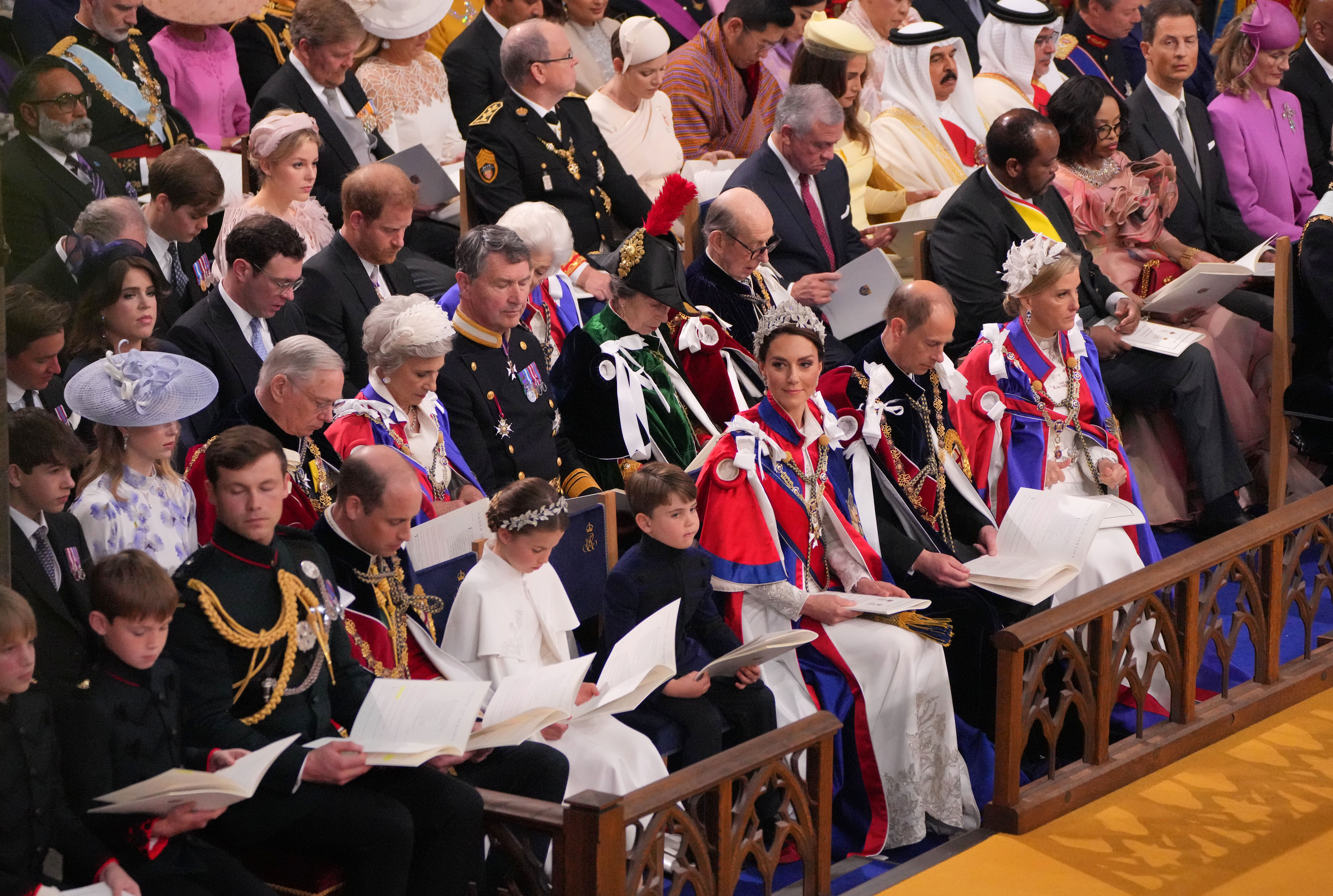 Prince William, Princess Charlotte, Prince Louis, Princess Catherine, Prince Edward and Sophie, the Duchess of Edinburgh with Prince Harry (3rd row 4th right) at the coronation ceremony of King Charles III and Queen Camilla on May 6, 2023 in London, England | Source: Getty Images