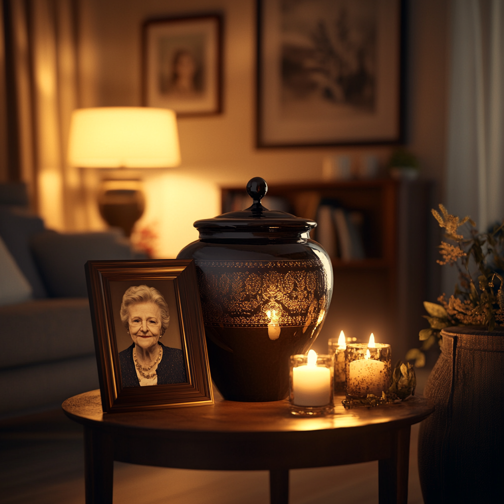 An older lady's framed photo, an urn, and glowing candles on a table | Source: Midjourney