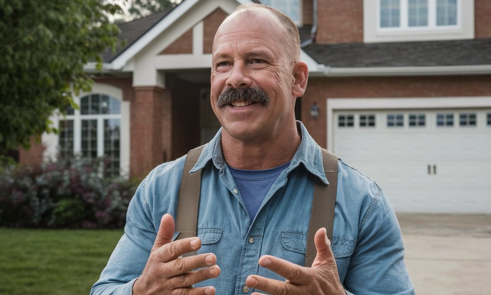 A burly man speaking demonstrably in a driveway | Source: Midjourney