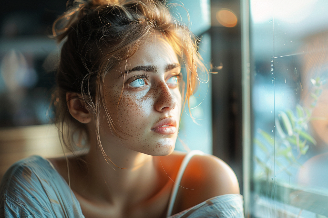 A woman looking outside a window in a coffee shop | Source: Midjourney