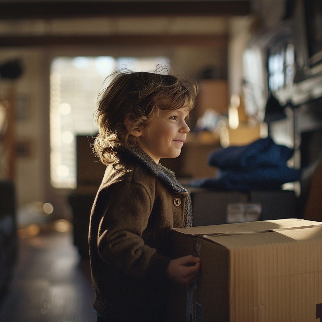 A happy kid with a carton box | Source: Midjourney