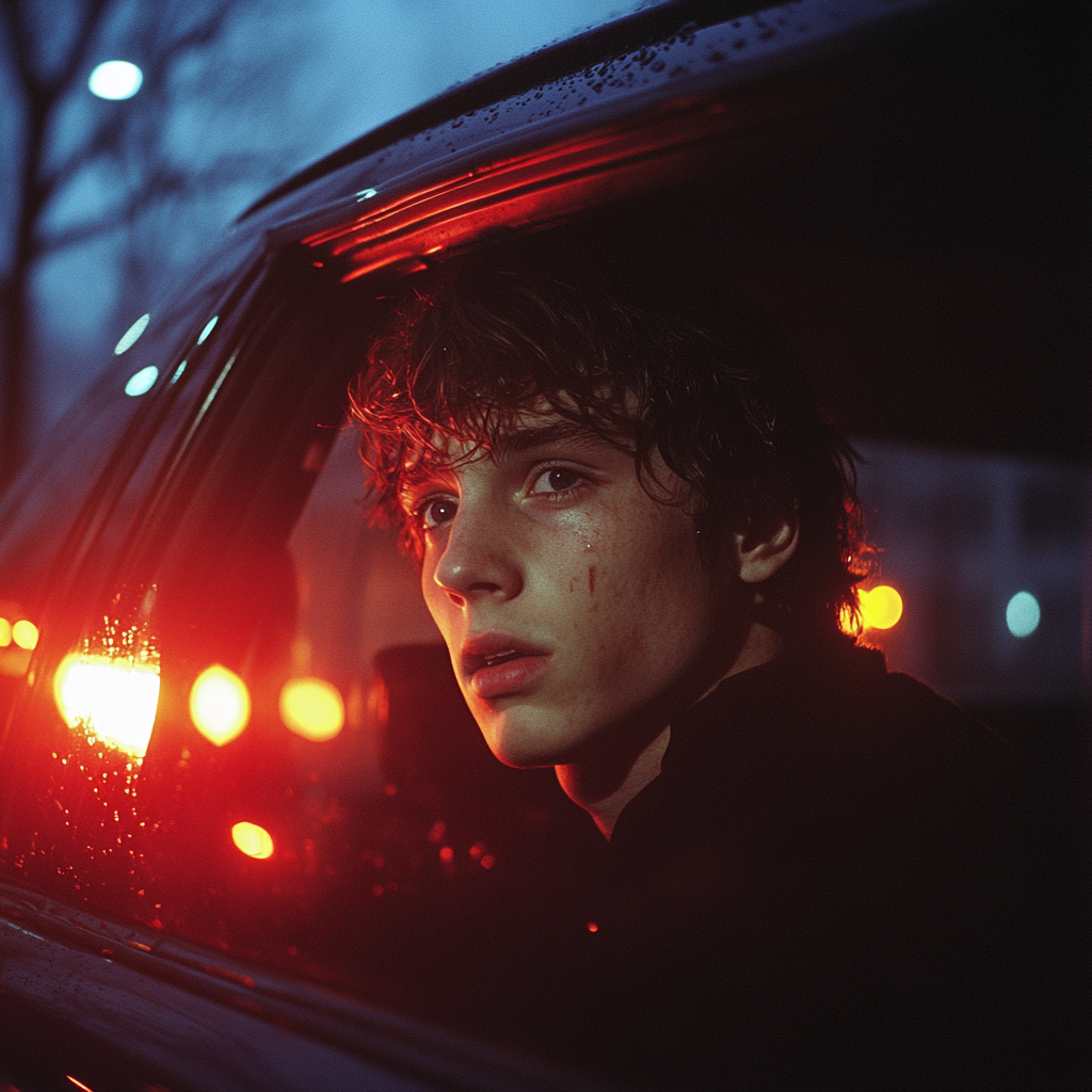 A scared man in the back of a police car | Source: Midjourney