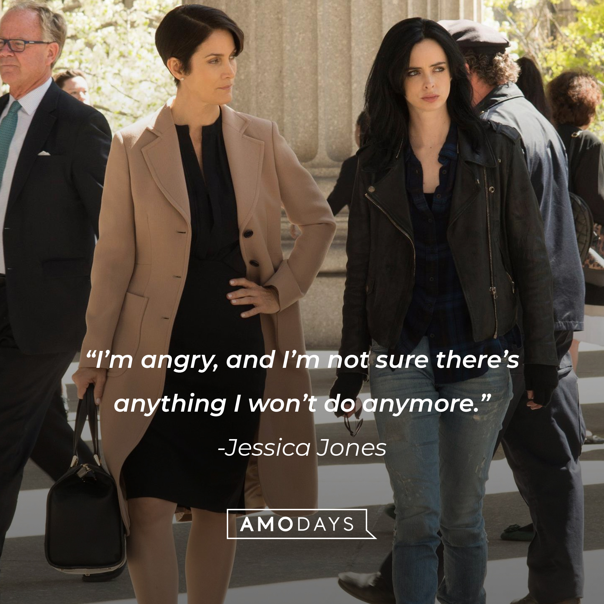 An image of Jessica Jones and Jeryn "Jeri" Hogarth with Jones’  quote: "Knowing it's real means you gotta make a decision. One, keep denying it. Or two...do something about it."┃Source:facebook.com/JessicaJonesLat