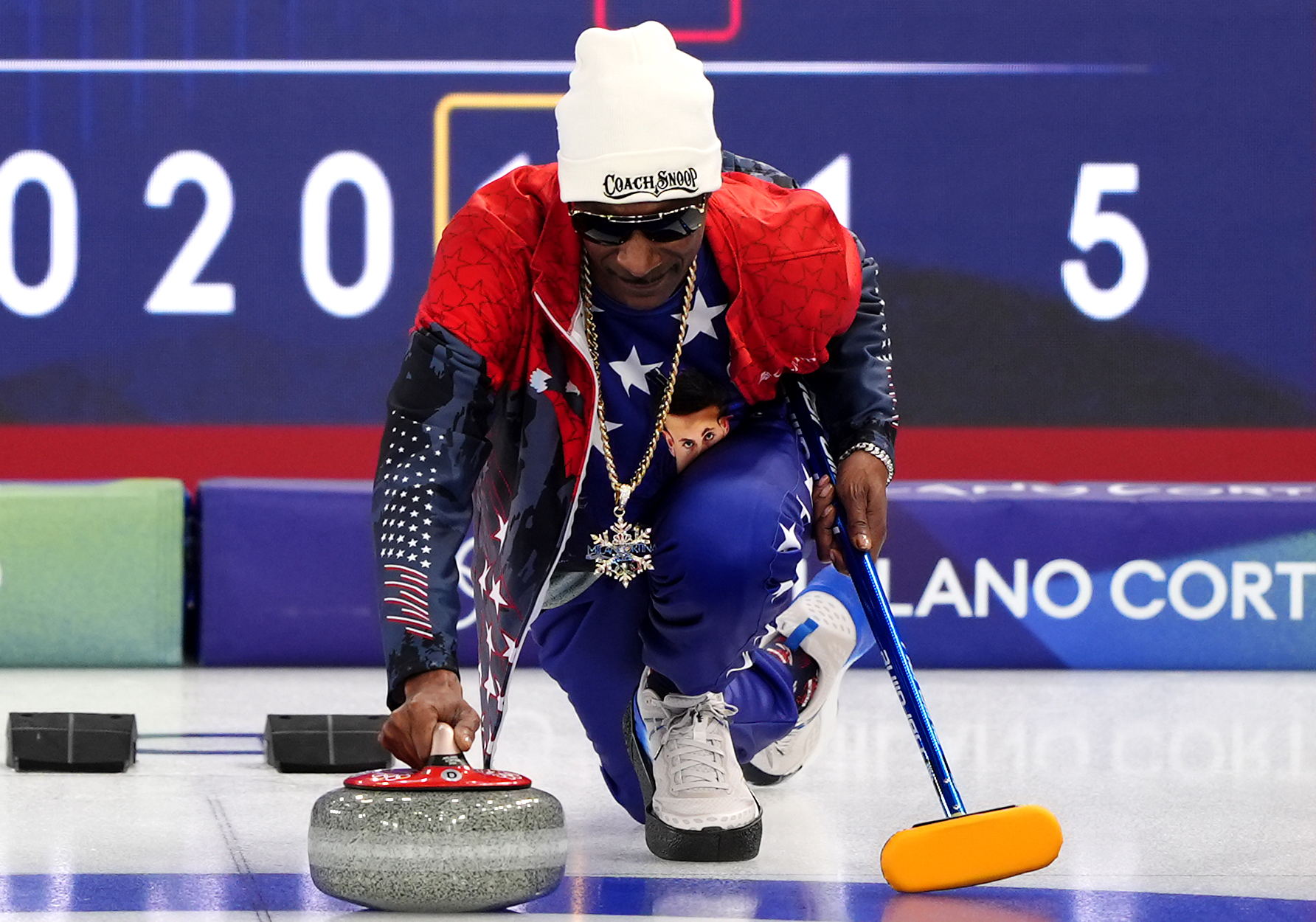Snoop Dogg practices with the USA Curling team at the Cortina Curling Olympic Stadium on February 6, 2026, in Cortina d'Ampezzo, Italy | Source: Getty Images