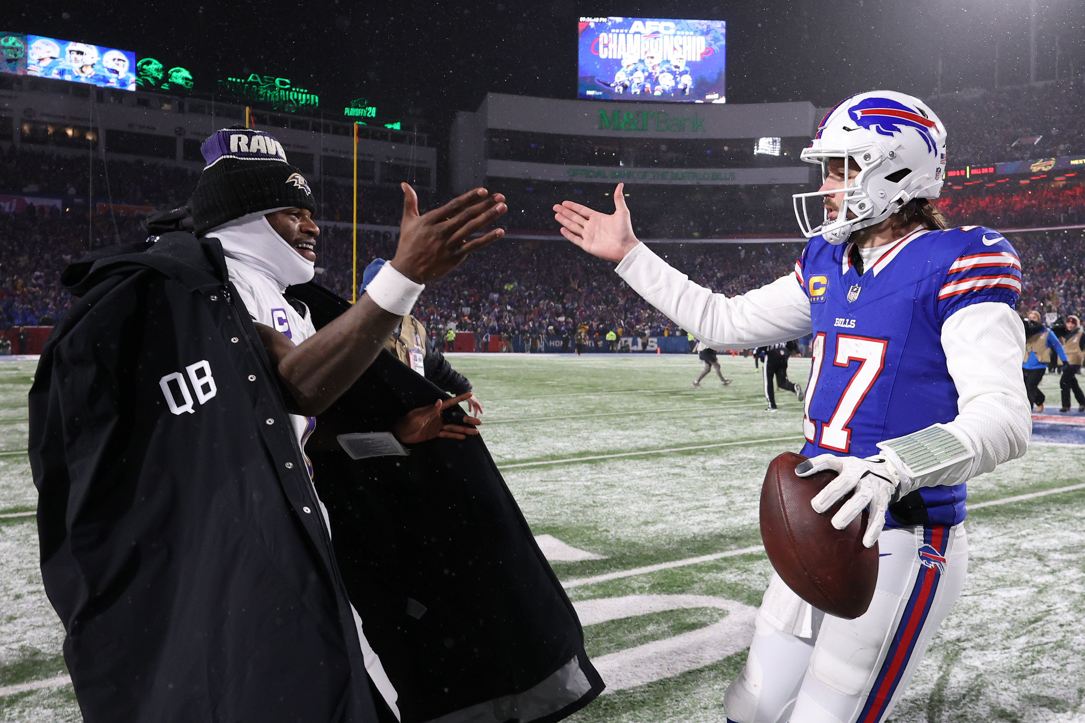 Lamar Jackson #8 of the Baltimore Ravens and Josh Allen #17 of the Buffalo Bills embrace after the AFC Divisional Playoff gameat Highmark Stadium on January 19, 2025, in Orchard Park, New York | Source: Getty Images