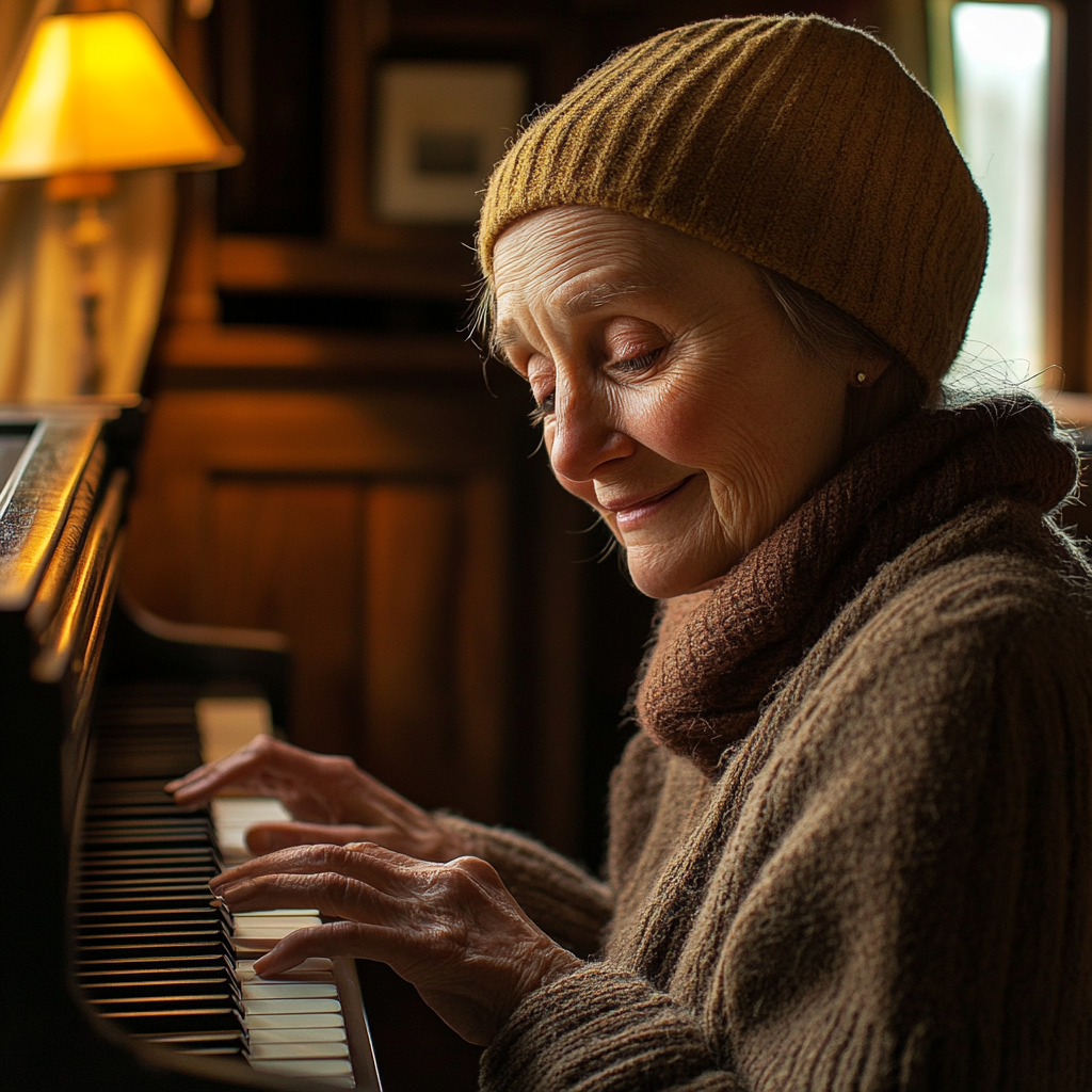 A delighted older woman playing the piano | Source: Midjourney