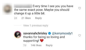 A fan's comment under a picture posted by Savannah Chrisley, and her subsequent reply to the fan. | Photo: Instagram/savannahchrisley