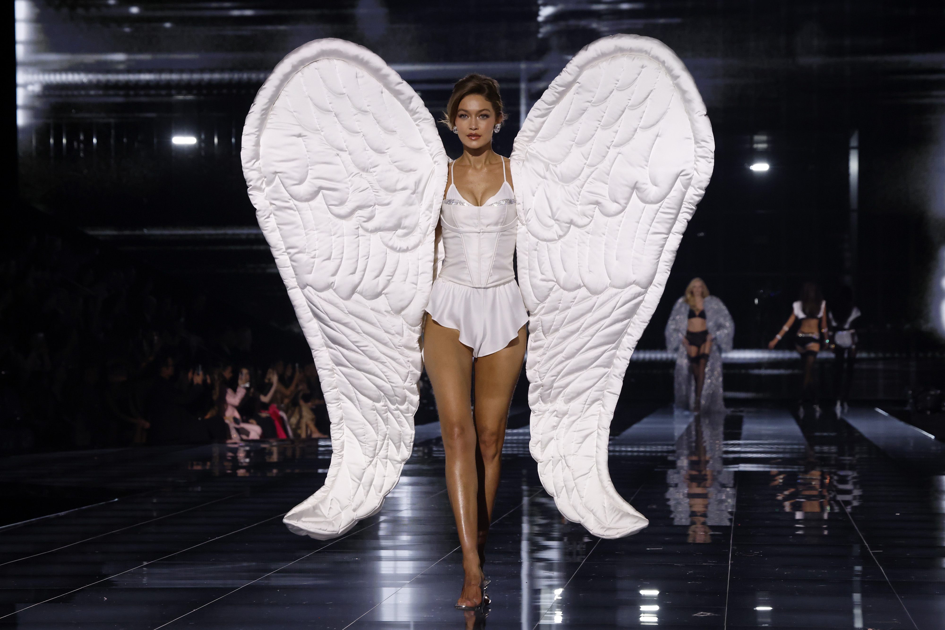 Gigi Hadid in her angelic emsemble on the runway during the 2025 Victoria's Secret Fashion Show at Steiner Studios in New York City on October 15 | Source: Getty Images