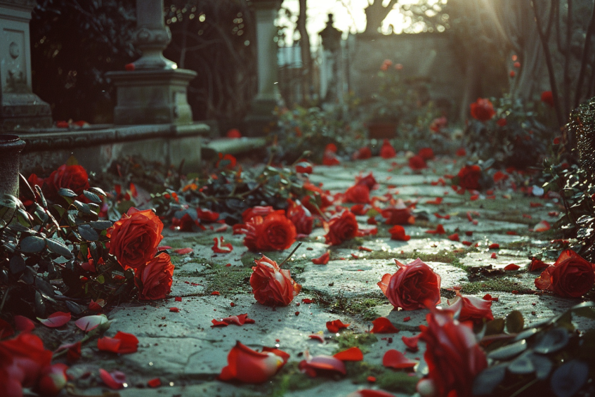 Flat and trampled roses in a garden | Source: Midjourney