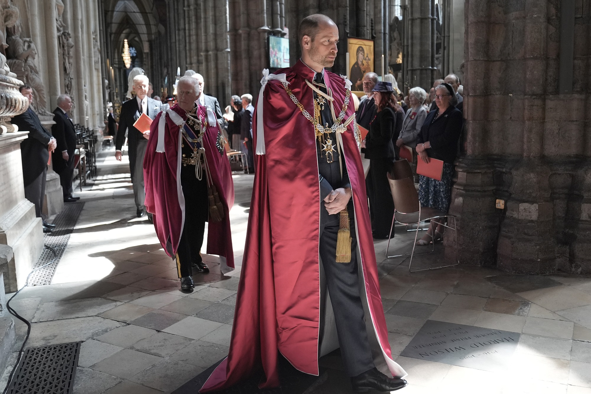 Prince William and King Charles III arrive for the Service for the Oath and Installation of the Great Master and the Knights Grand Cross at Westminster Abbey on May 16, 2025, in London, England | Source: Getty Images