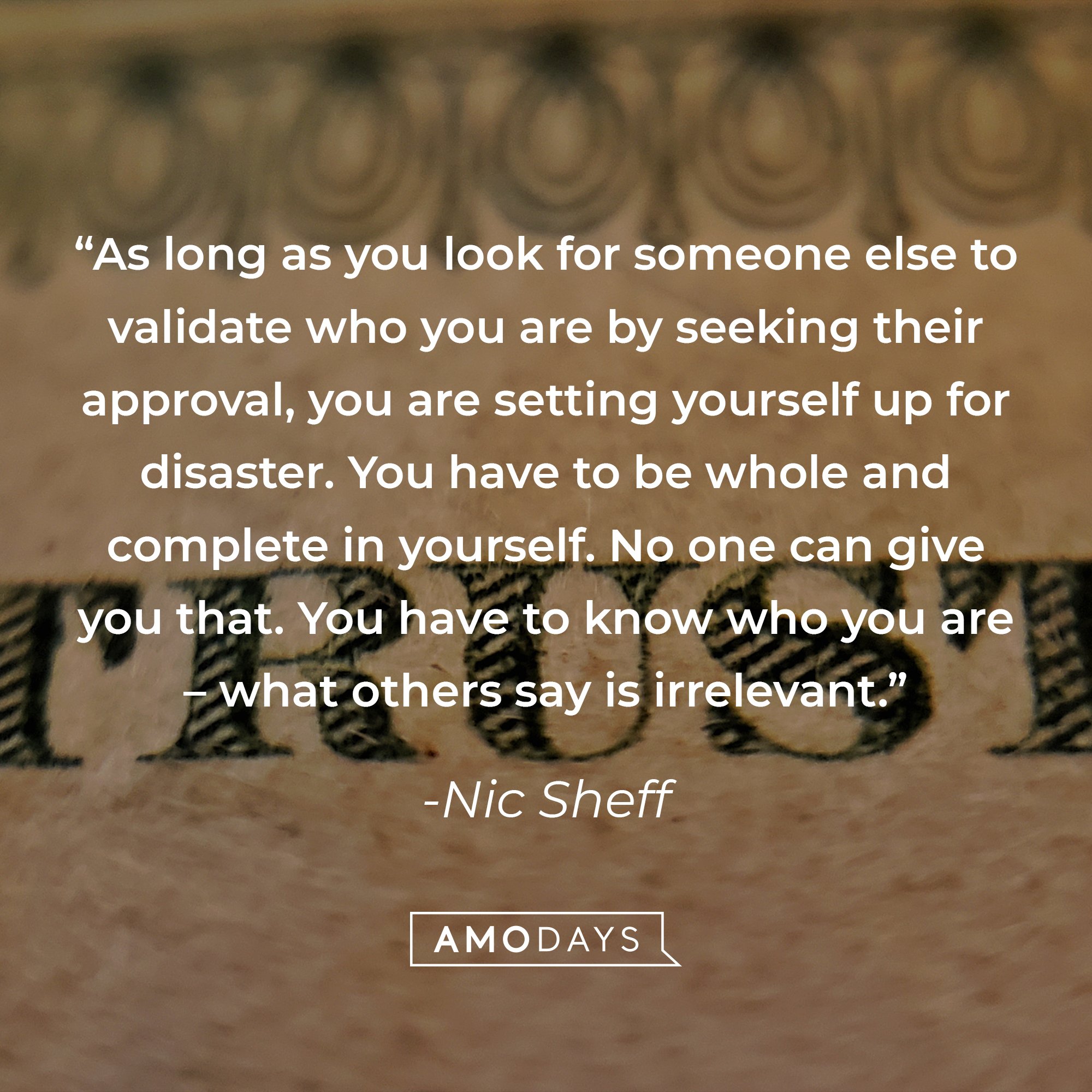 Nic Sheff's quote: “As long as you look for someone else to validate who you are by seeking their approval, you are setting yourself up for disaster. You have to be whole and complete in yourself. No one can give you that. You have to know who you are – what others say is irrelevant.” | Image: AmoDays