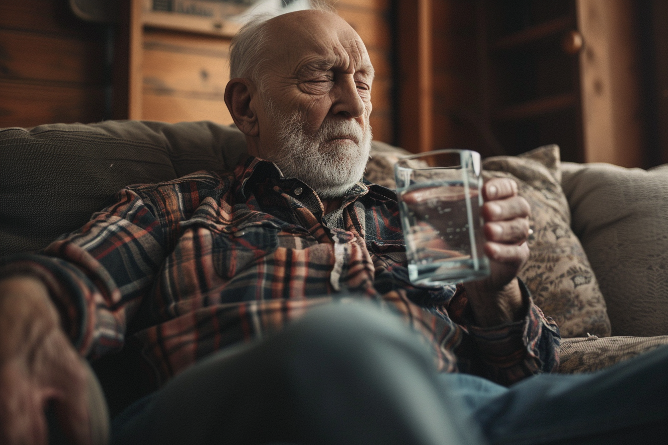 An old man on a couch drinking water | Source: Midjourney