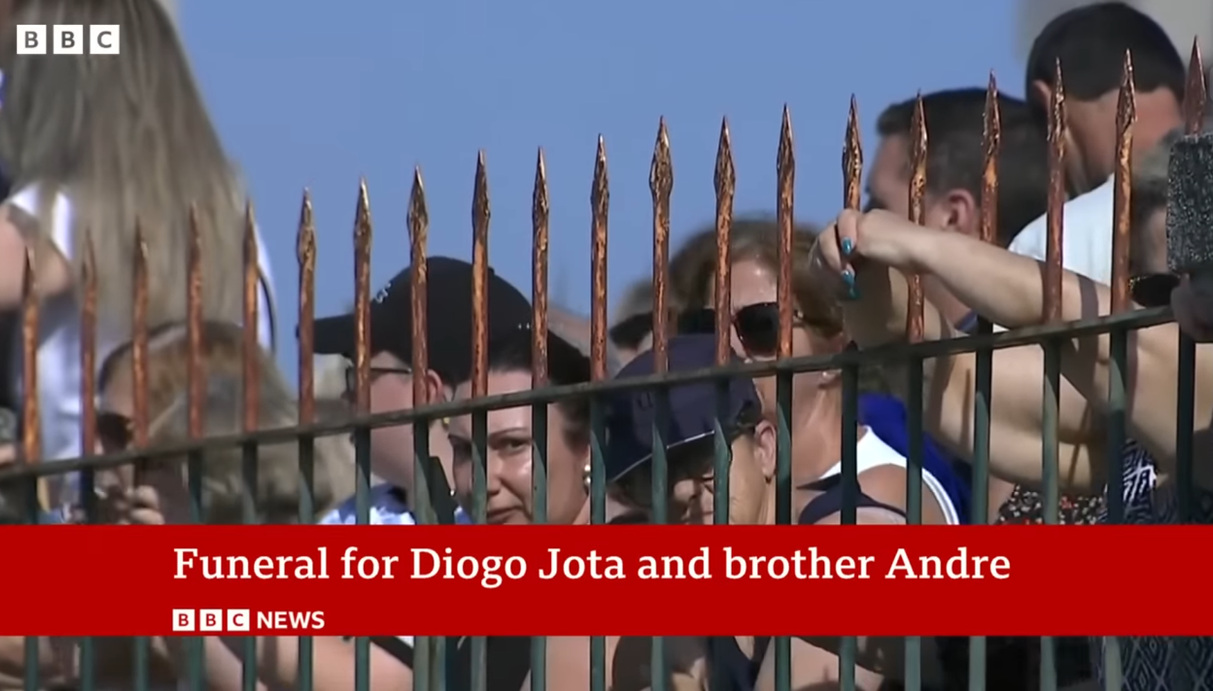 Crowd gathers outside the church during the funeral for Diogo Jota and his brother André Silva, dated July 5, 2025 | Source: YouTube/bbcnews