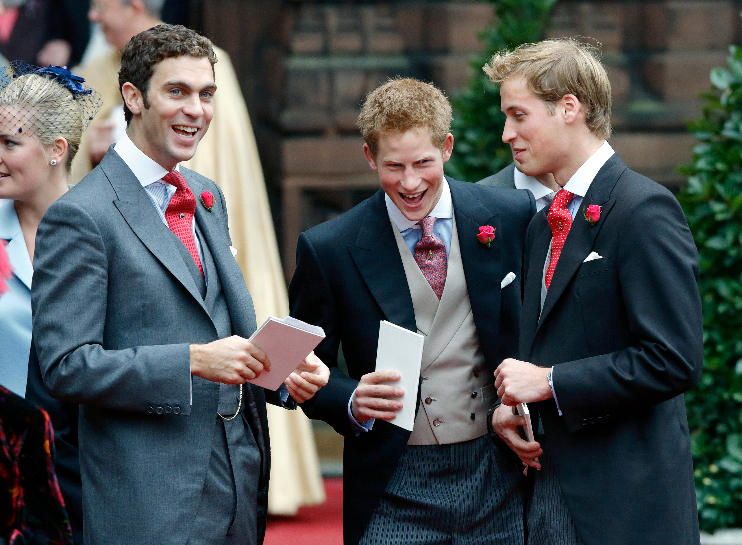 Hugh van Cutsem, Prince Harry, and Prince William at the wedding of Edward van Cutsem and Lady Tamara Grosvenor on November 6, 2004, in Chester, England | Source: Getty Images