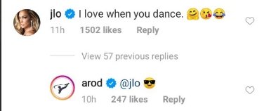 A screenshot J Lo's comment on A Rod's Instagram page. | Photo: https://www.instagram.com/arod/