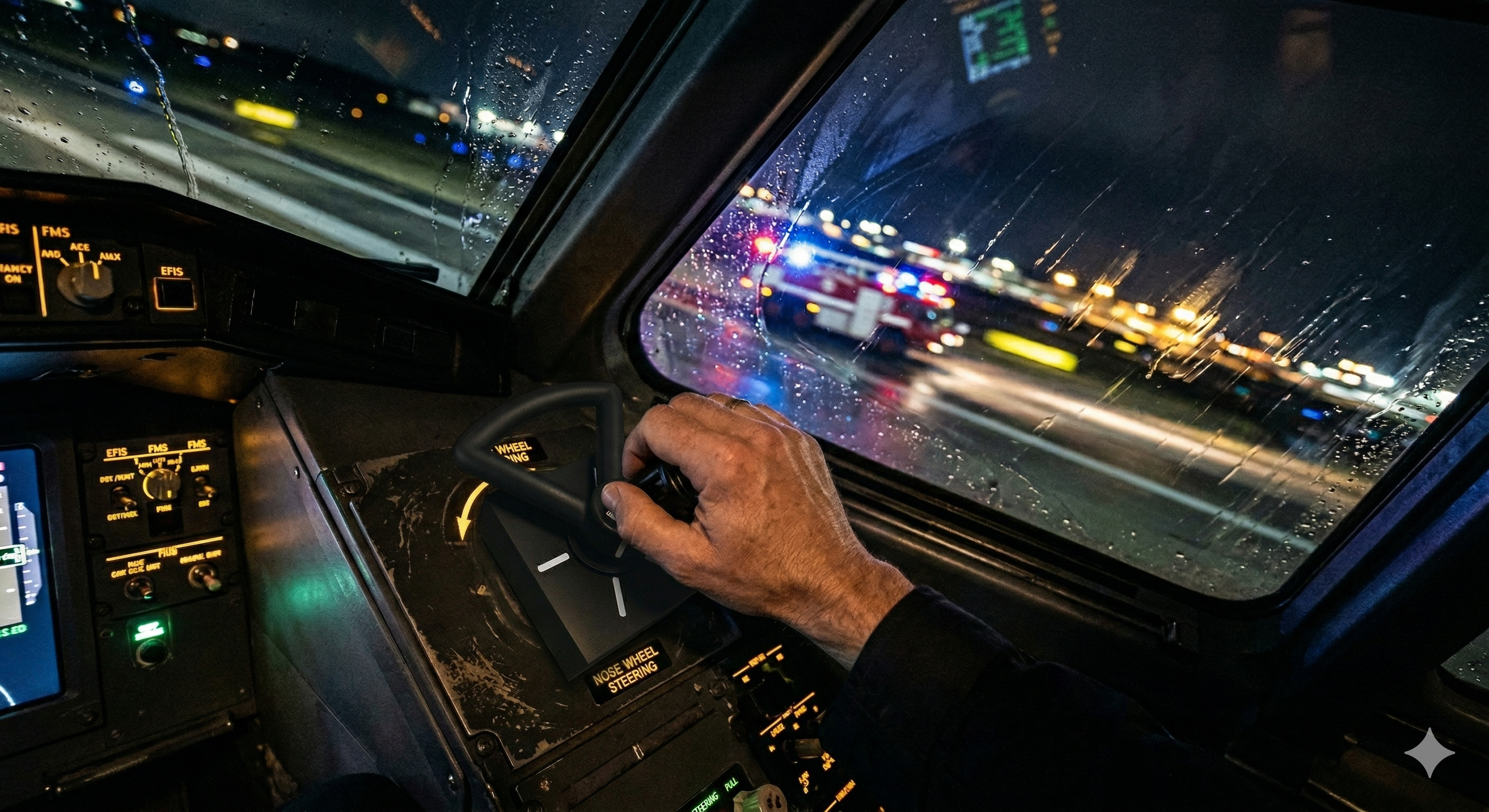 This illustrative image depicts a pilot's hand on the ground steering tiller, the only tool capable of maneuvering the jet away from an obstacle | Source: Gemini AI