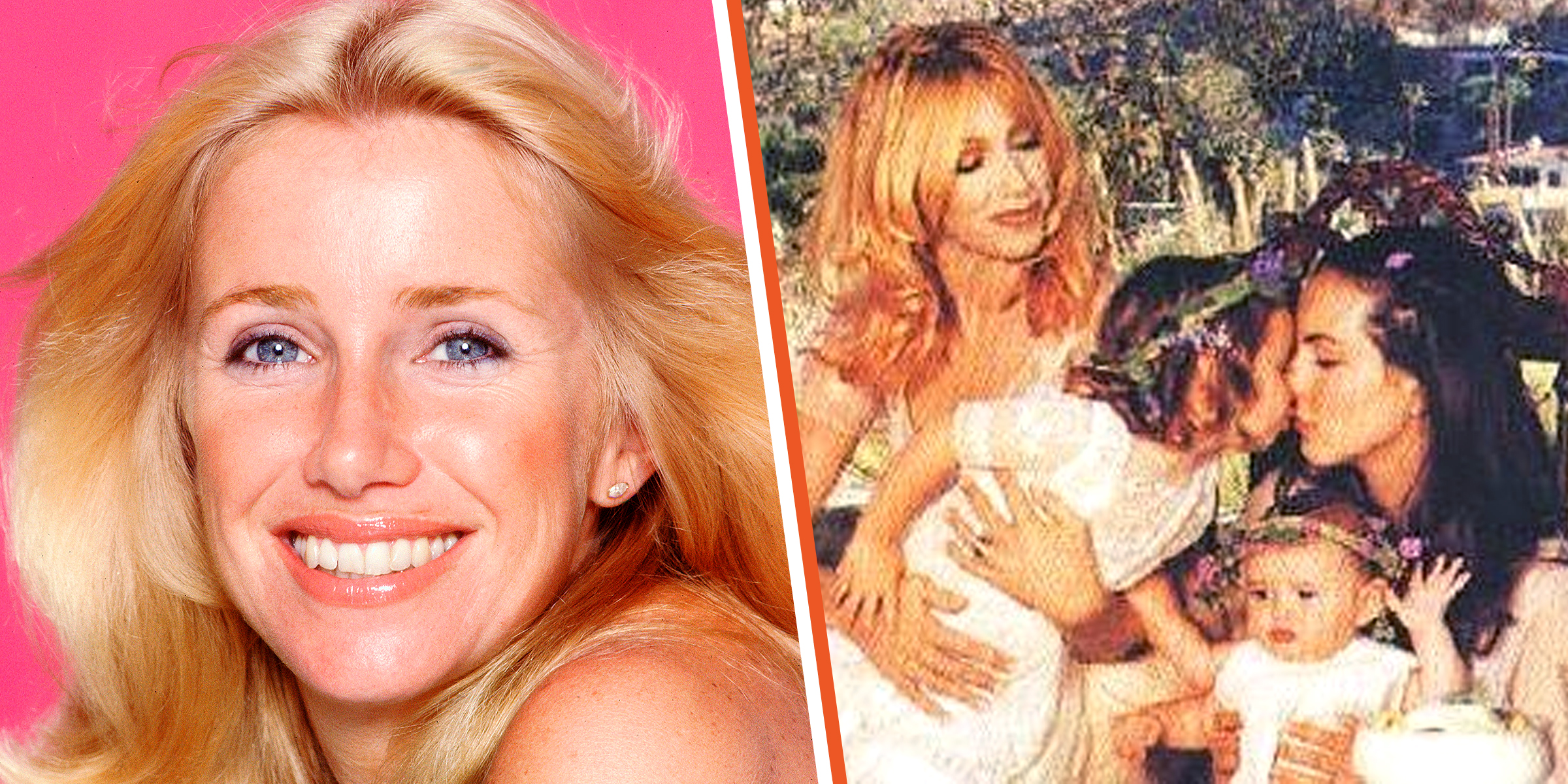 Suzanne Somers, 1977 | Suzanne Somers, Caroline Somers, Camelia Somers, and a Third Child, 2016 | Source: Facebook.com/caaamel | Getty Images