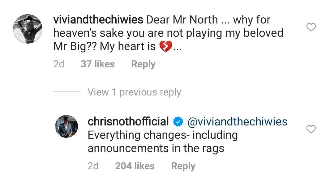 A fan's comment and Chris Noth's reply on Chris Noth's Instagram post | Photo: Instagram / chrisnothofficial 