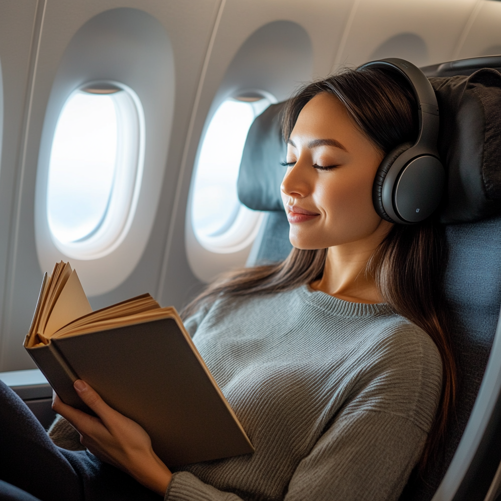 The woman relaxes in her first-class seat, book in hand. | Source: Midjourney