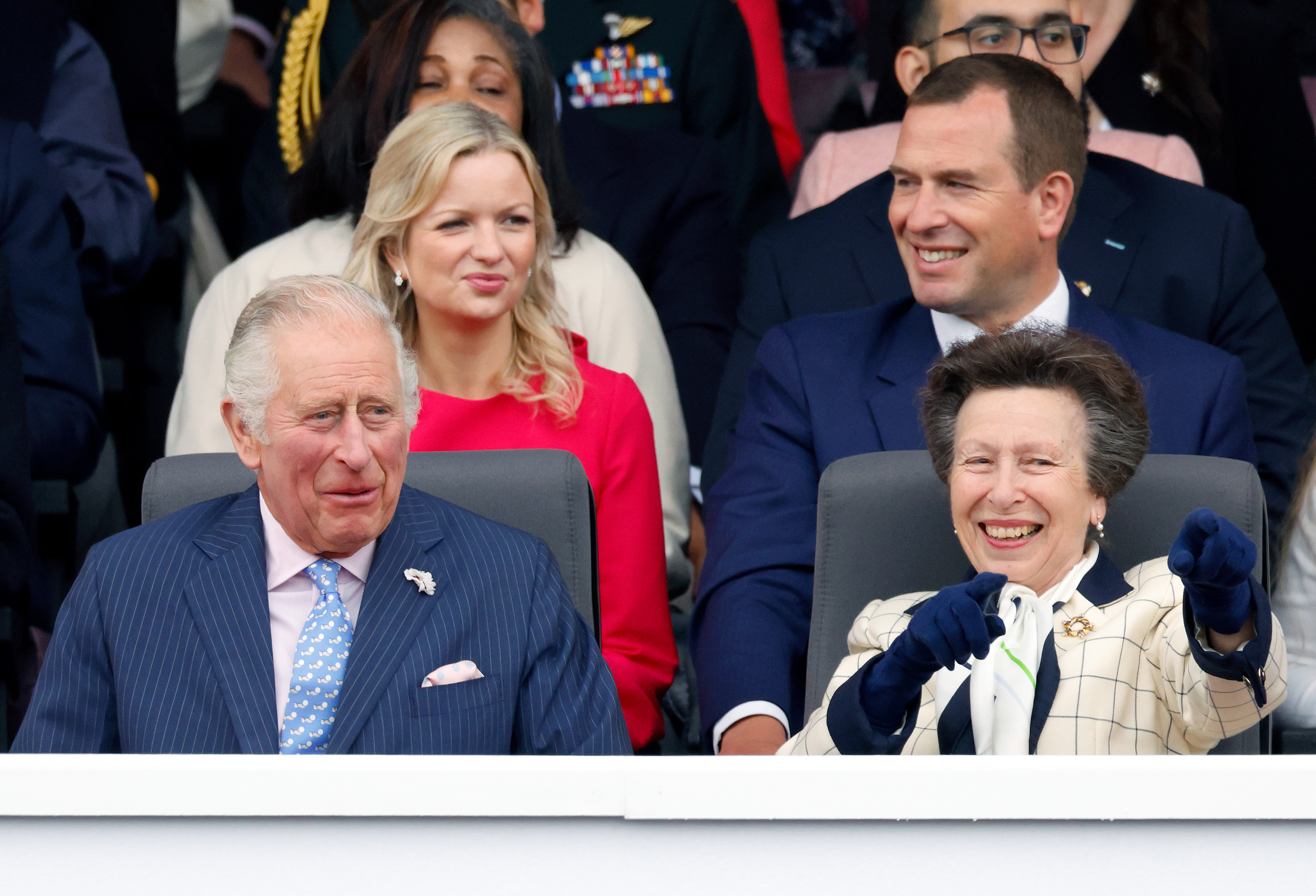 King Charles III, Princess Anne, Princess Royal, Lindsay Wallace and Peter Phillips at the Platinum Pageant on The Mall on June 5, 2022 in London, England | Source: Getty Images