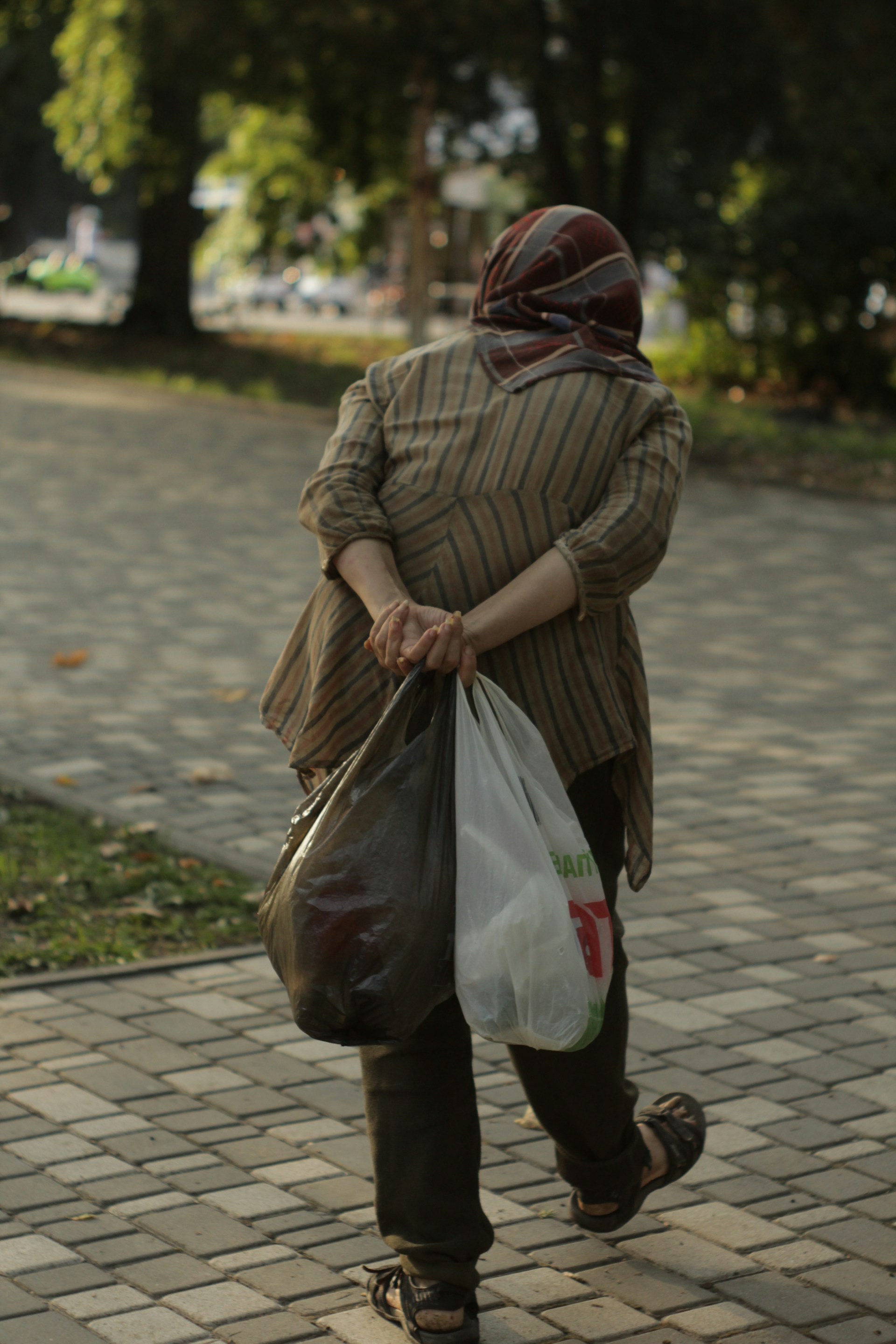 An older woman carrying two plastic bags and walking on the street | Source: Unsplash