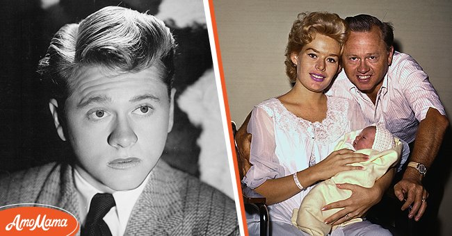 [Left] Mickey Rooney as a young actor, [Right] Mickey Rooney and fifth wife, Carolyn Mitchell with his child| Source: Getty Images