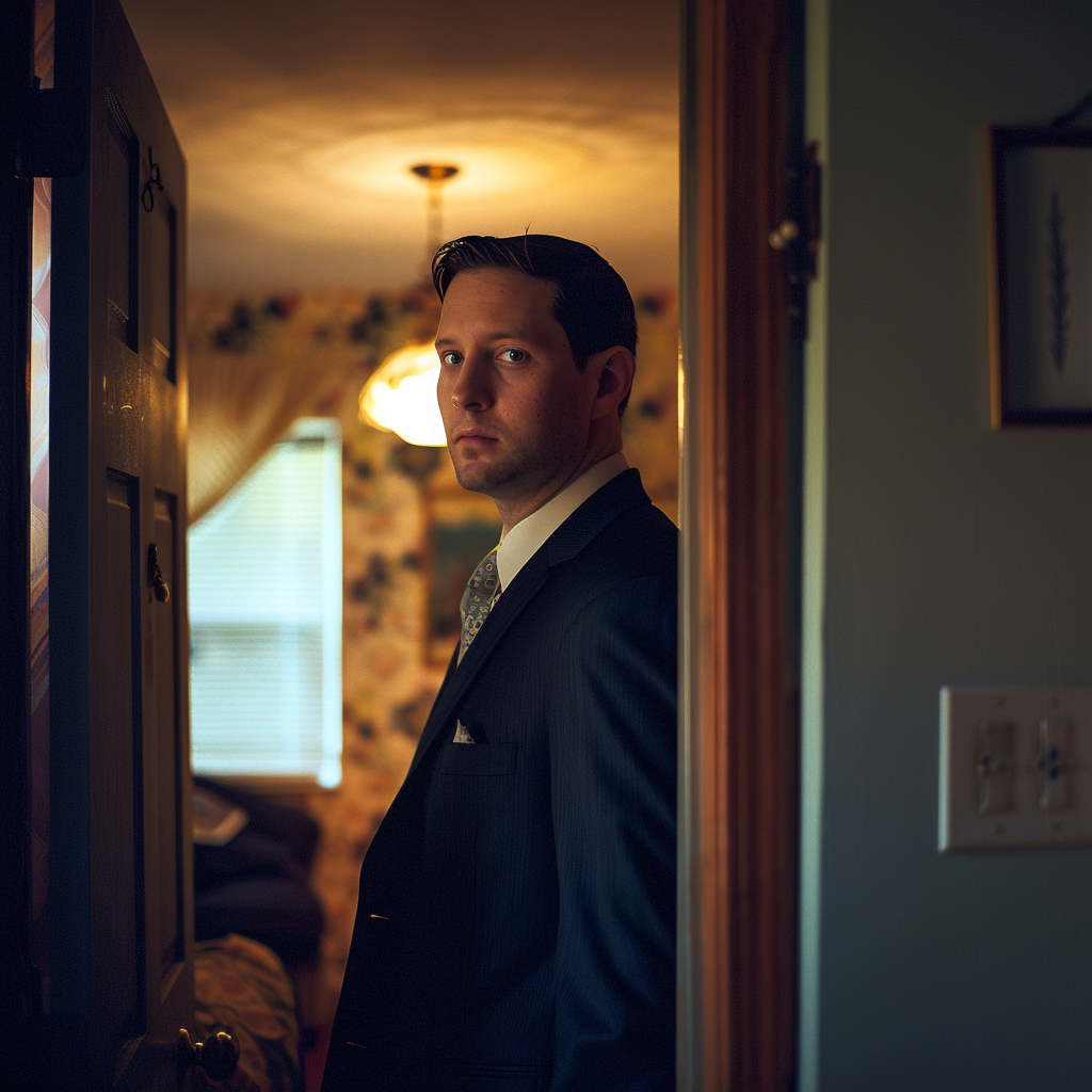 A man in a suit standing at a door | Source: Midjourney