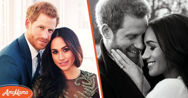 Prince Harry and Meghan Markle pose for an official engagement photo at Frogmore House in December, 2017 [left], Prince Harry and Meghan Markle in a black and white official engagement photo [right] | Source: Getty Images