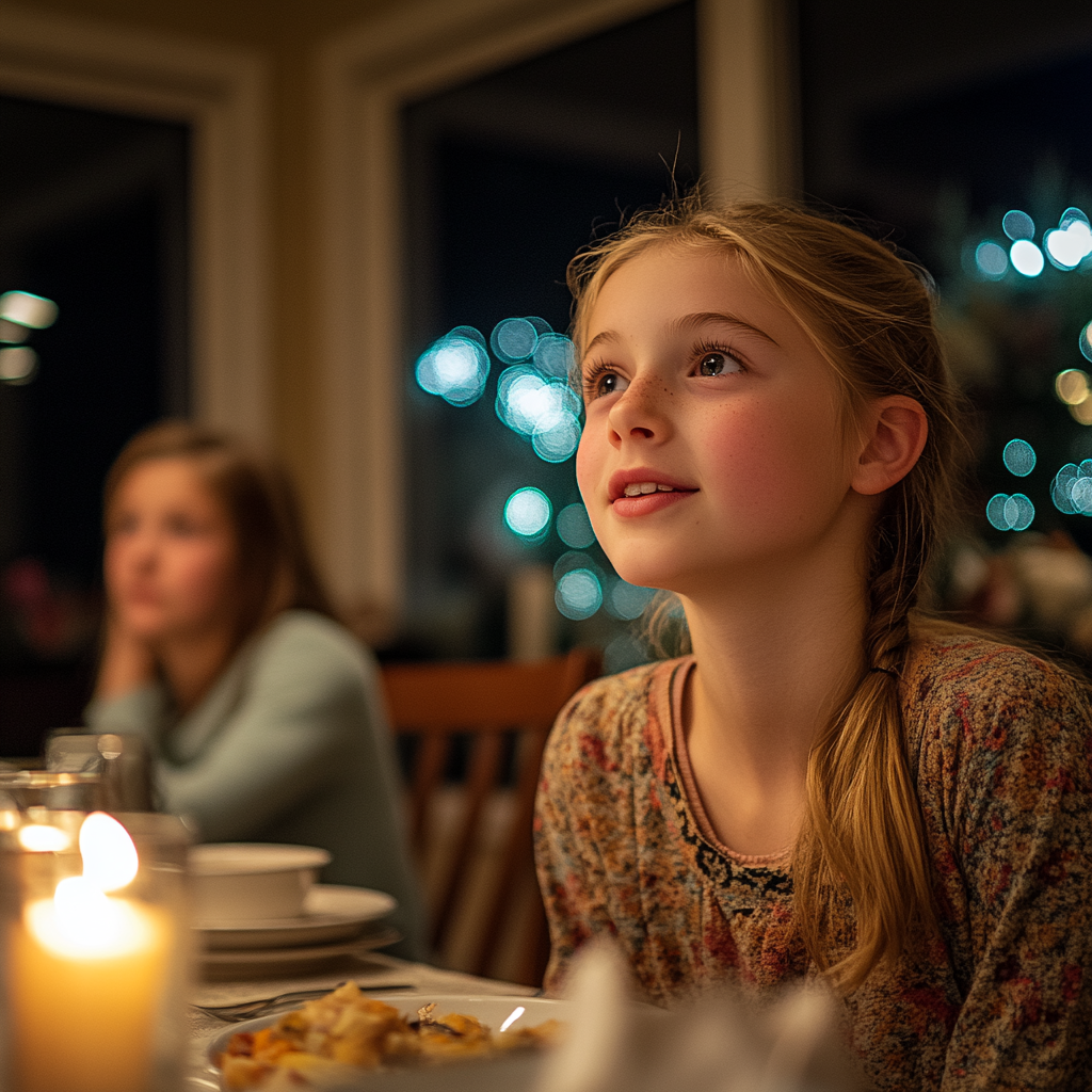 A young girl sitting at the dining table | Source: Midjourney