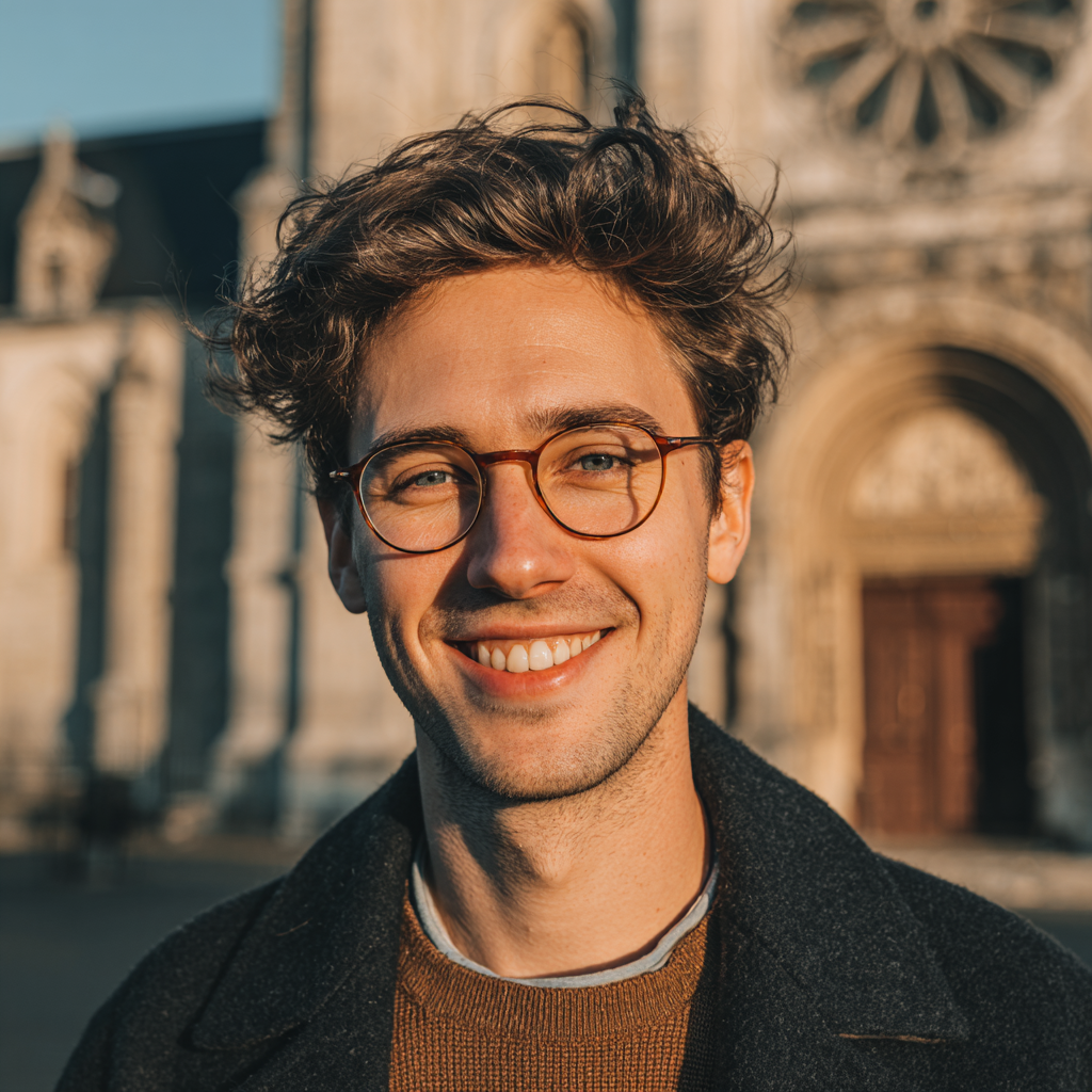 A smiling man standing outside a church | Source: Midjourney
