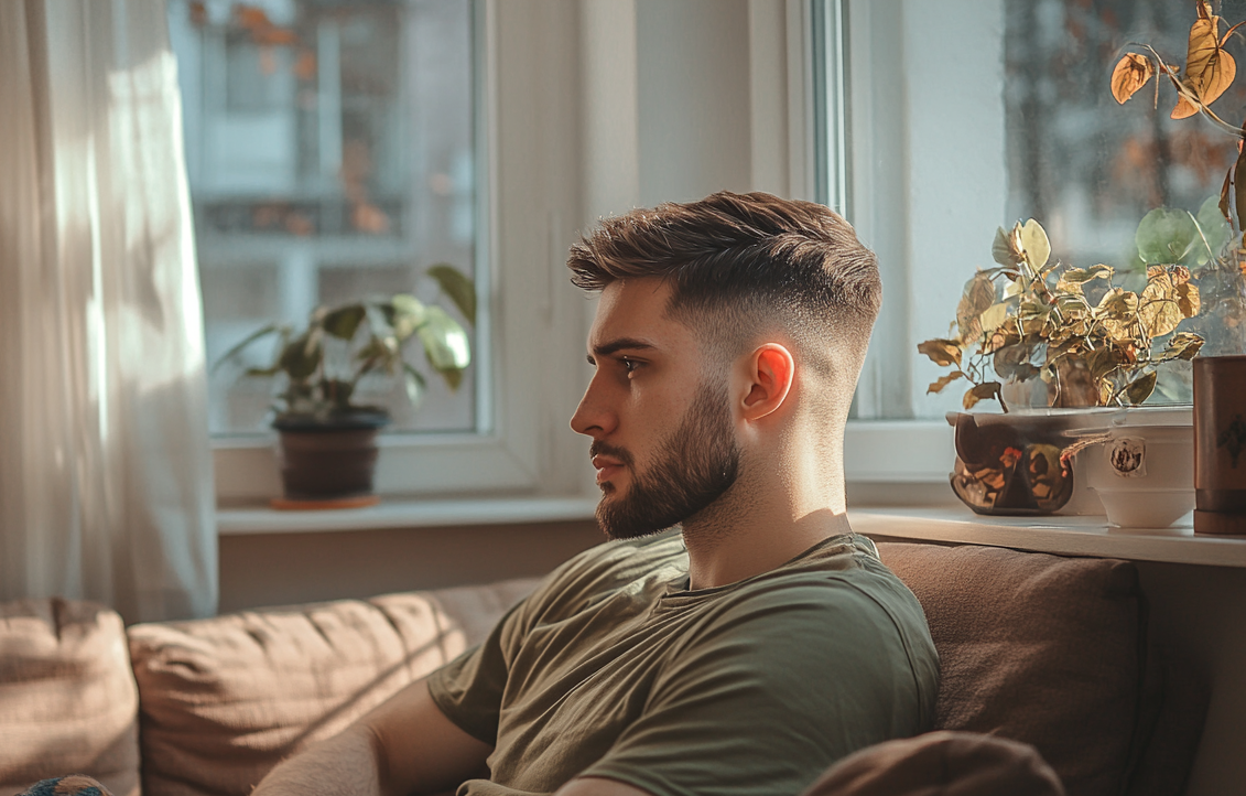 A man sitting in his living room, thinking | Source: Midjourney