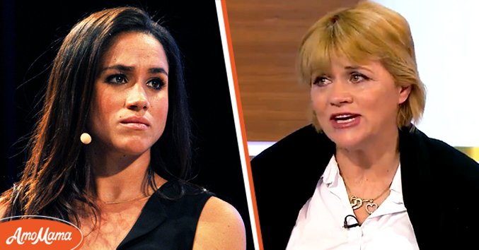 Meghan Markle at the "Bridging the Gender Gap" special session on October 17, 2014, in Dublin, Ireland, and Samantha Markle on "Jeremy Vine on 5" on October 1, 2018. | Source: Clodagh Kilcoyne/Getty Images & Twitter/@JeremyVineOn5