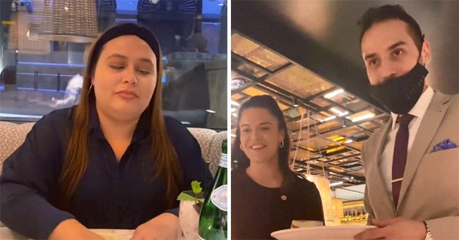 Restaurant staff hand a blind woman a plate with a birthday message written in braille. She is overjoyed when she realizes what they have done | Photo: TikTok/natbysight